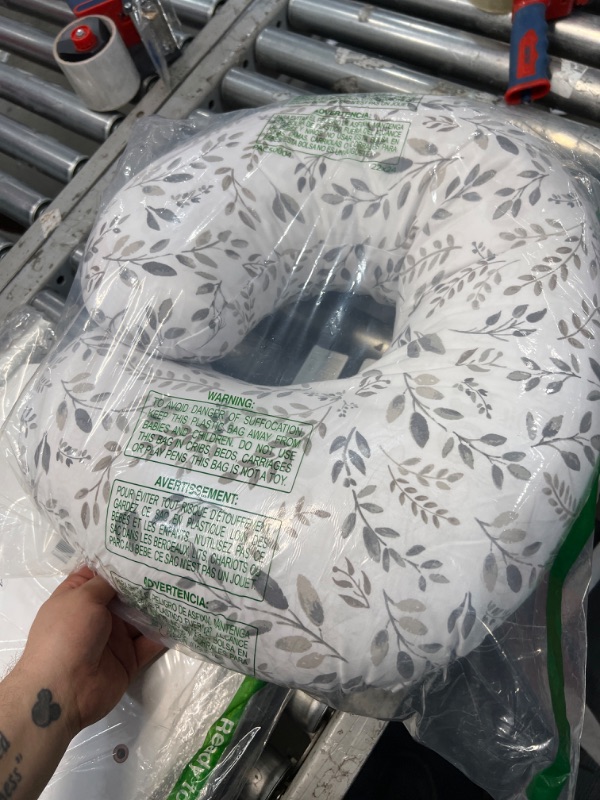Photo 1 of Boppy Original Support Nursing Pillow, Gray Taupe Leaves, Ergonomic Breastfeeding, Bottle Feeding, and Bonding, Firm Hypoallergenic Fiber Fill, Removable Cover, Machine Washable