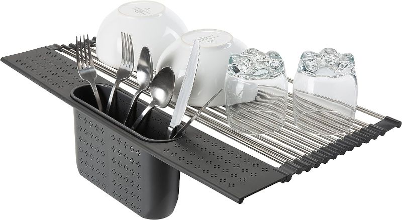 Photo 1 of 
 silverware strainer cracked **Kitchen Details Over The Sink Drying Rack with Utensil Holder | Roll Up for Storage | Stainless Steel | Drain Tray | BPA Free | Food Safe | Space Saving | Grey