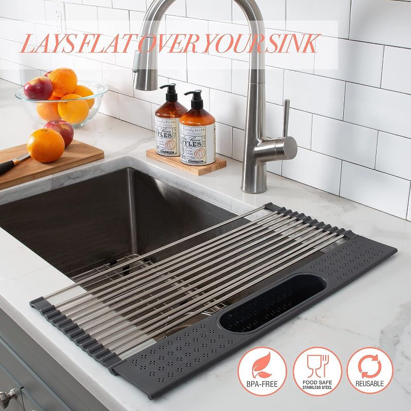 Photo 2 of 
 silverware strainer cracked **Kitchen Details Over The Sink Drying Rack with Utensil Holder | Roll Up for Storage | Stainless Steel | Drain Tray | BPA Free | Food Safe | Space Saving | Grey