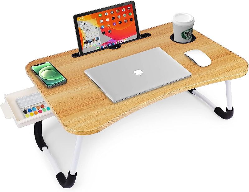 Photo 1 of **** stock photo is different from actual ***** Lap Desk Foldable Bed Table Portable Multi-Function Lap Bed Tray Table with Storage Drawer and Cup Slot,