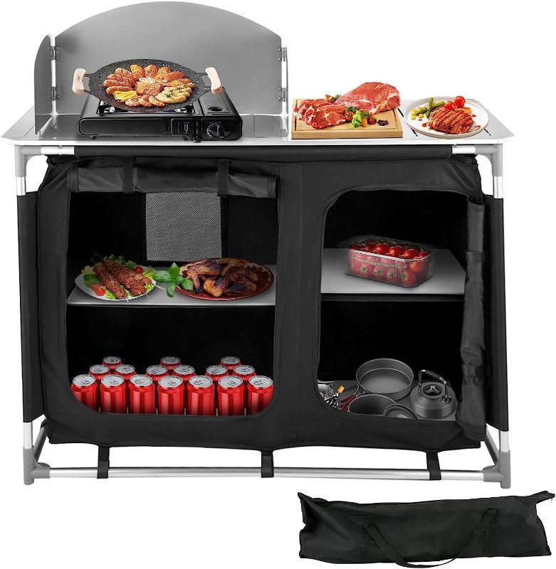 Photo 1 of *** PLASTIC SINK CRACKED VEVOR Aluminum Portable Camping Kitchen, Folding Cooking Table with 48" Tabletop, Detachable Windscreen Storage Organizer & Carrying Bag Outdoor...