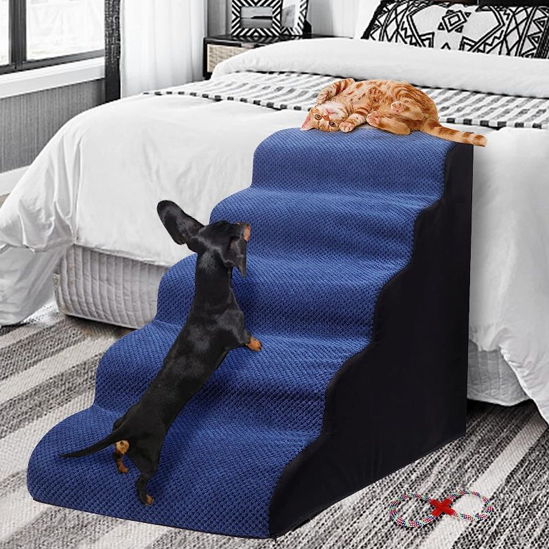 Photo 1 of GREY-5 Tiers Pet Foam Stairs for High Beds, 30D High Density Dog Foam Ramps/Stairs/Ladder for Couch, Older Dogs, Cats, Puppies, Injured Dogs (with 1 Rope...