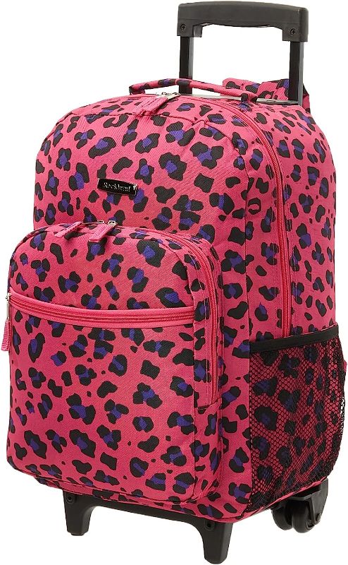 Photo 1 of Rockland Double Handle Rolling Backpack, Magenta Leopard, 17"x13"x10"
