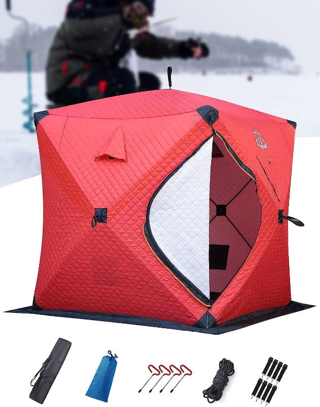 Photo 1 of **USED** DEERFAMY Ice Fishing Shelter, 3-4 Person Ice Fishing Tent, Pop up Insulated Tent, Winter Ice Shanty Portable with 2 Doors, Red & Black
