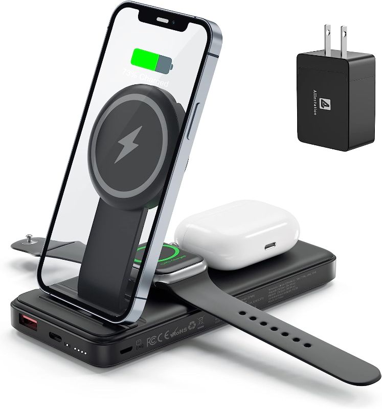 Photo 1 of Allinstation Wireless Charging Station Protable Charger - 10000mAh 5 in 1 Wireless Charger Stand for iPhone 14/13/12/11/Pro/X/Max/XS/XR/8/Plus, AirPods/Pro, for iWatch 6/5/4/3/2/SE
