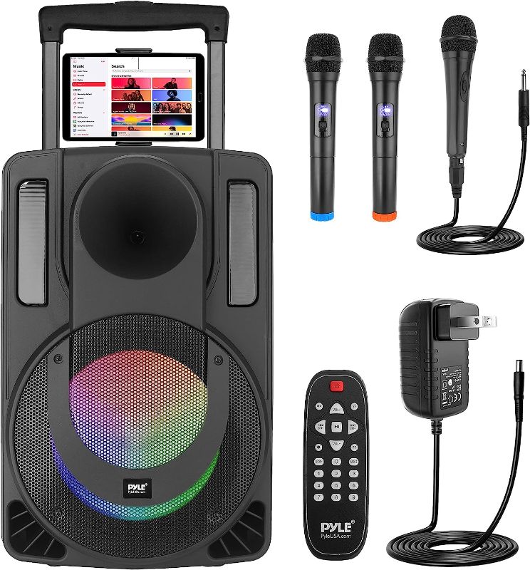 Photo 1 of 12’’ Portable PA Speaker System - Wireless BT Streaming PA & Karaoke Party Audio Speaker, Two Wireless Mic, Wired Microphone, Tablet Stand, Flashing Party Lights, MP3/USB//FM Radio - PHPWA12TB
