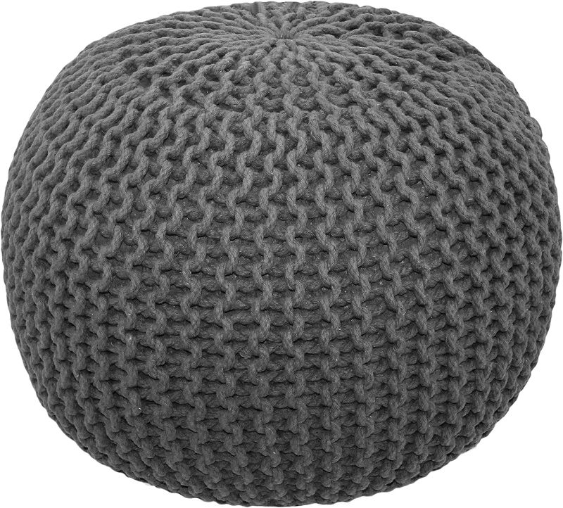 Photo 1 of  Round Pouf Ottoman - Hand Knitted Cotton Braid Cord