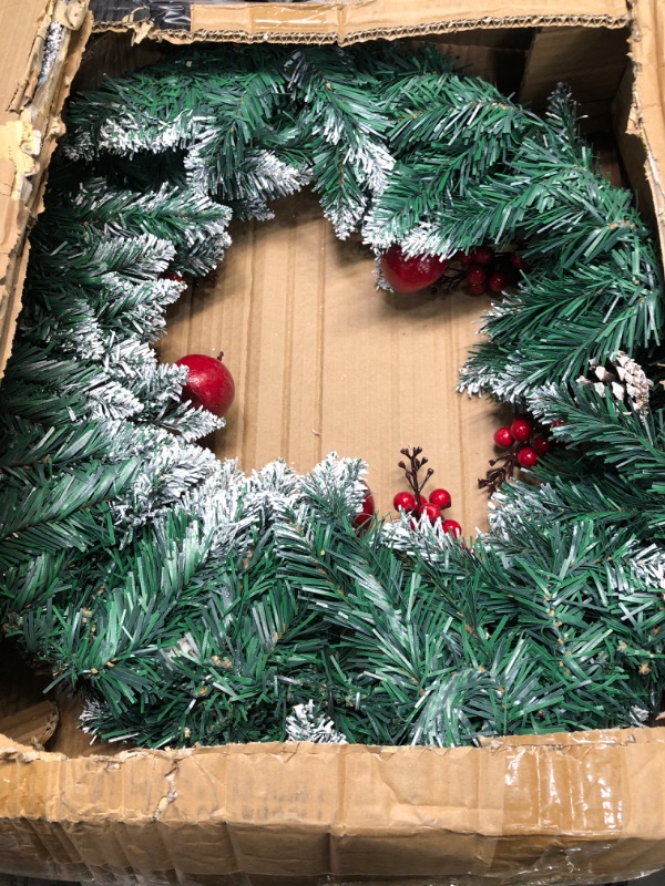 Photo 1 of 24" Snowflake Christmas Wreath with 15" Hanger for Front Door Pre-Lit Artificial Wreath with 50 Battery Operated LED Lights Winter Wreaths with 5 Bowknots,Pine Cones,Red Berries Christmas Decoration