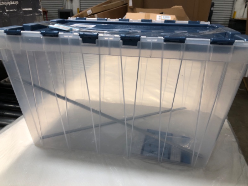 Photo 1 of Akro-Mils 12 Gallon KeepBox File Box Plastic Stackable Storage Container with Hinged Attached Lid and Rails for Hanging File Folders, 21-Inch L x 15-Inch W x 12-Inch H, Clear/Blue