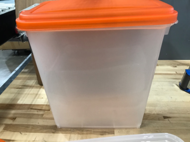 Photo 3 of ***SEE NOTES*** IRIS USA 3-Piece or 2-Piece 35 Lbs / 45 Qt WeatherPro Airtight Pet Food Storage Container Combo and Treat Box for Dog Cat Bird Food, Keep Pests Out, Translucent Body Orange 3-Piece / 35 Lbs - 45 Qt