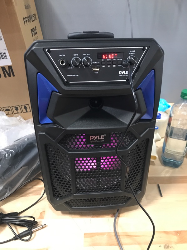 Photo 2 of ***POWERS ON*** Portable Bluetooth PA Speaker System - 400W Outdoor Bluetooth Speaker Portable PA System w/Microphone in, Party Lights, MP3/USB SD Card Reader, FM Radio, Rolling Wheels - Mic, Remote - Pyle PPHP82SM