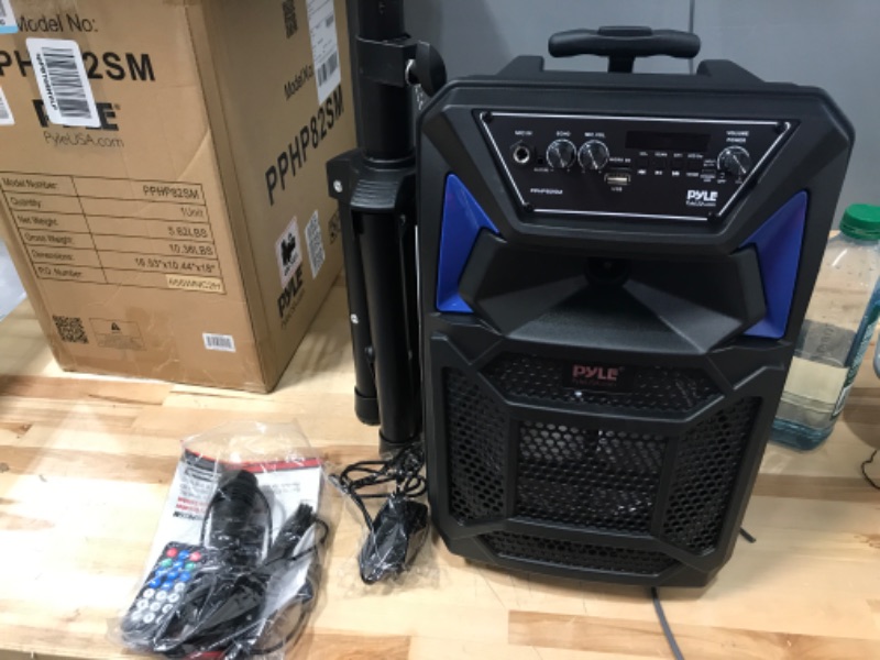 Photo 5 of ***POWERS ON*** Portable Bluetooth PA Speaker System - 400W Outdoor Bluetooth Speaker Portable PA System w/Microphone in, Party Lights, MP3/USB SD Card Reader, FM Radio, Rolling Wheels - Mic, Remote - Pyle PPHP82SM