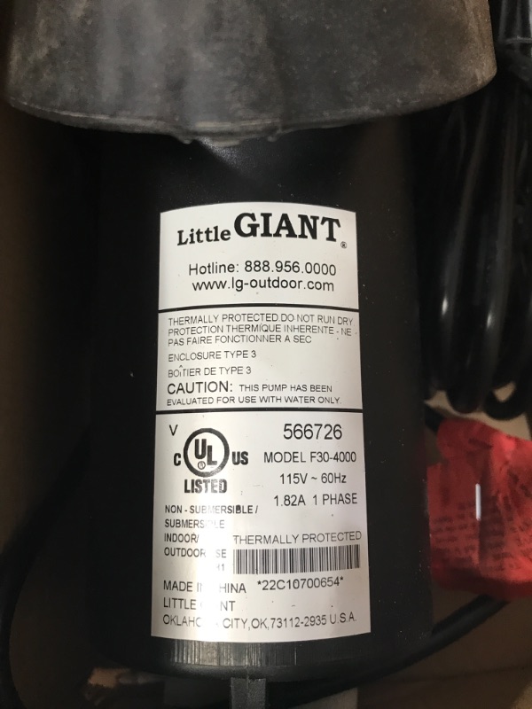 Photo 1 of ***POWERS ON*** ***SEE NOTES*** Little Giant F30-4000 115-Volt, 4060 GPH Wet Rotor Pump with 20-Ft. Cord for ponds up to 4000 Gallons, Black, 566726 4000 GPH