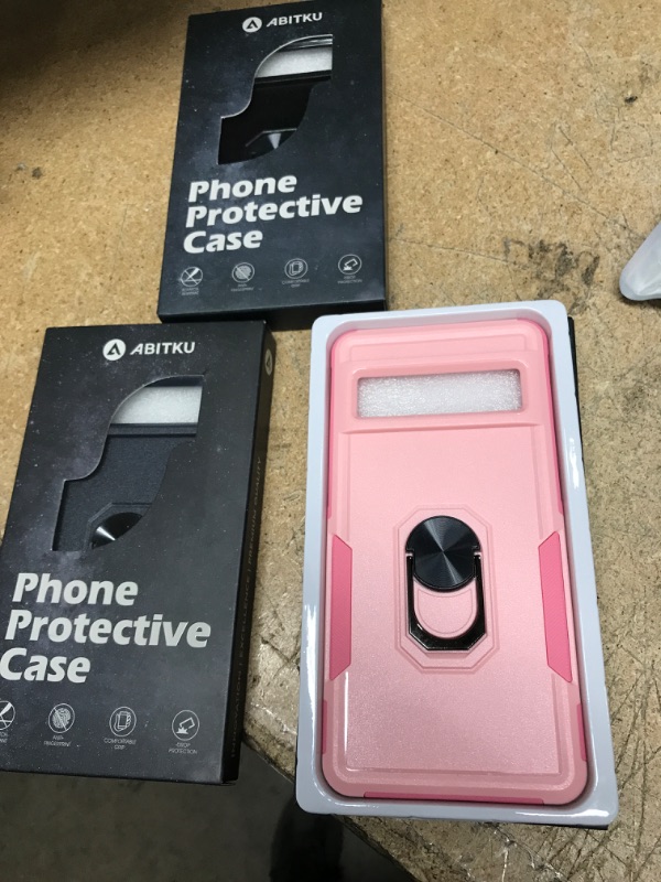 Photo 2 of ABITKU Compatible with Google Pixel 7 Pro Case, Dual Layer Shockproof Protective Cover with Metal Rotating Ring Holder Kickstand 3 Pack (Pink) (Black) (Blue)