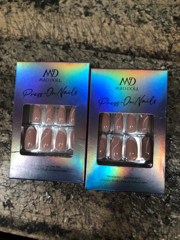 Photo 2 of 2 PACK OF MD MAD DOLL Press On Nails - 24Pcs Cute Swirl Medium Almond Nails, Reusable Nail Kit, 12 Sizes White Nude Swirl