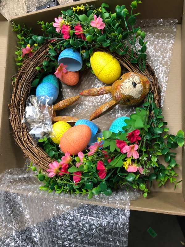 Photo 1 of 2 Pcs Lighted Easter Wreath Decoration Bunny Wreath with Colorful Eggs Pre Lit Cute Rabbit Wreath for Front Door Led Light Spring Flowers Garland for Home Wall Hanging Decor