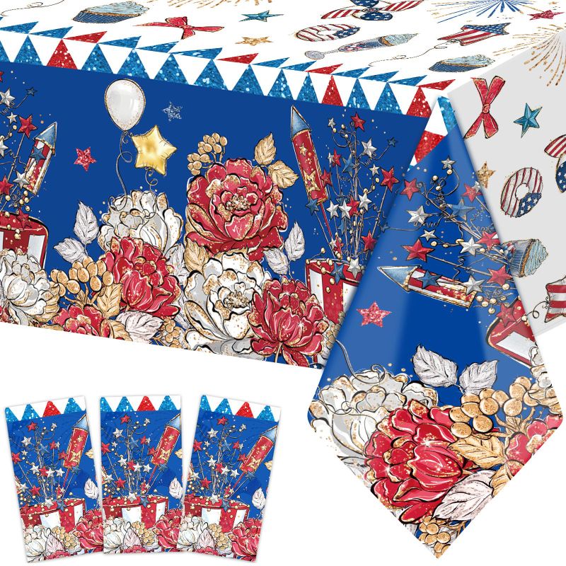 Photo 1 of 3 PACK(9 PIECES TOTAL)FANCY LAND 4th of July Tablecloths 3 Pack Patriotic Plastic Table Decorations 54 X 108 Disposable Red White Blue Flower Tablecloths