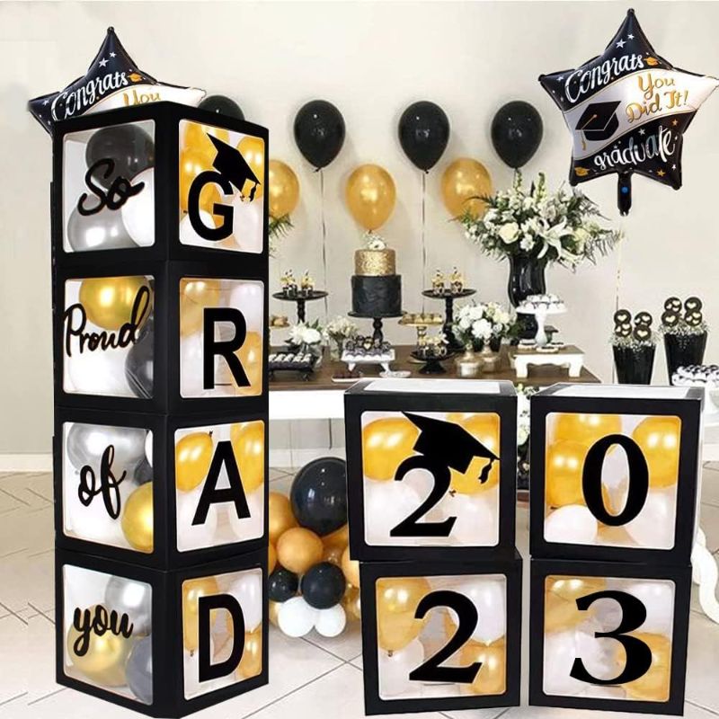 Photo 1 of 2023 Graduation Party Decoration Black Balloon Boxes with Letters 2023 Grad & So Proud of You and 20 pcs Ballons
