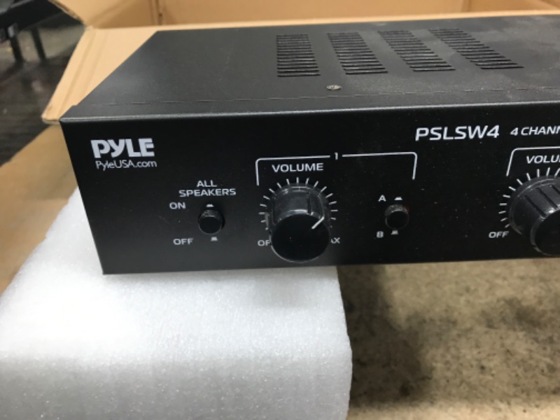 Photo 1 of 4 Channel Speaker Selector Switch-Multi Zone A B Speaker Distribution Controller Box w/ Independent Audio Source Volume Control,Supports Home Theater Stereo Amplifier Receiver System-Pyle PSLSW4,Black