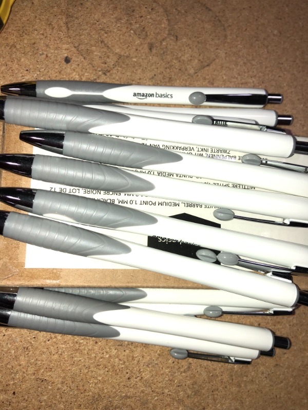 Photo 3 of 2PK OF 12 PENS Amazon Basics Retractable Ballpoint Pens White Barrel, Medium Point 1.0mm, Black Ink, 12 Pack