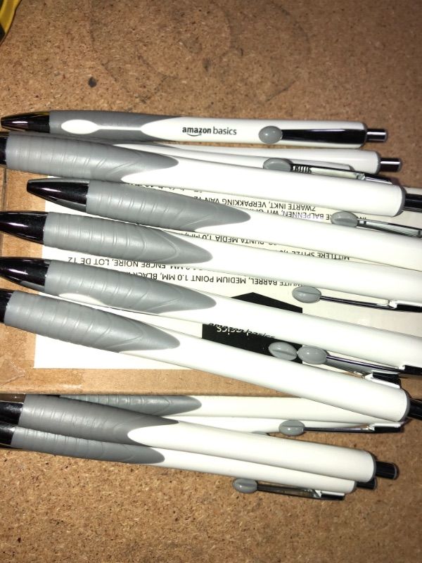 Photo 2 of 2PK OF 12 PENS Amazon Basics Retractable Ballpoint Pens White Barrel, Medium Point 1.0mm, Black Ink, 12 Pack