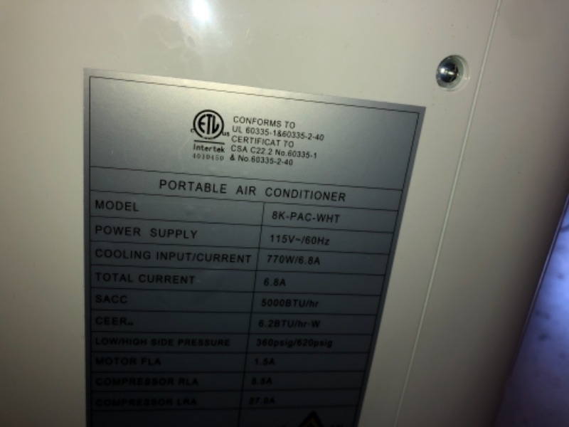 Photo 3 of *MISSING CONTROL**VITESSE 8000 BTU Portable Air Conditioner with Remote Included (Part number: VIT-8K-PAC-WHT)
