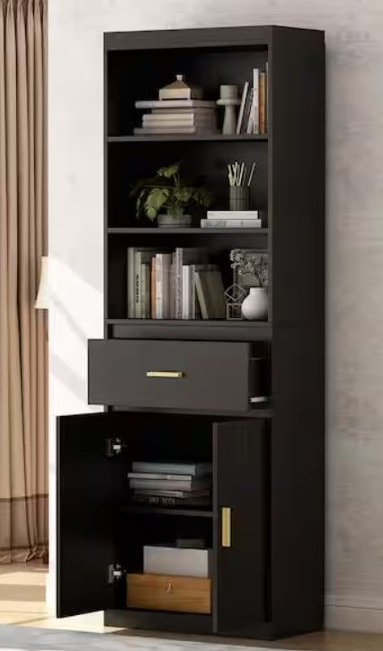 Photo 1 of 70.8 in. H 2-Door Coffee Brown Wood Storage Accent Cabinet Display Cabinet with Drawer and 3 Tier Open Shelves
