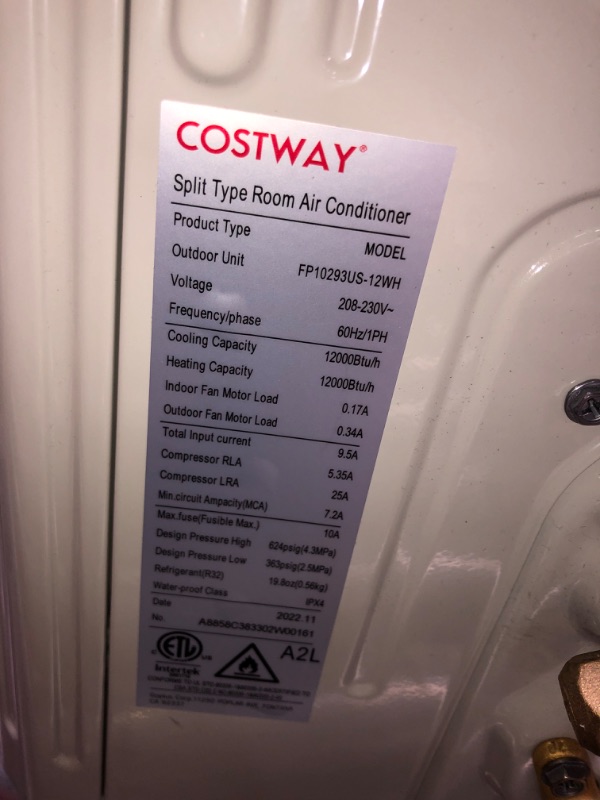 Photo 4 of *INCOMPLETE BOX 1 OF 2** COSTWAY 12000BTU Mini Split Air Conditioner& Heater,20 SEER2 115V Wall-Mounted Ductless AC Unit Cools Rooms up to 750 Sq. Ft, Energy Efficient Inverter AC with Heat Pump & Installation Kit
