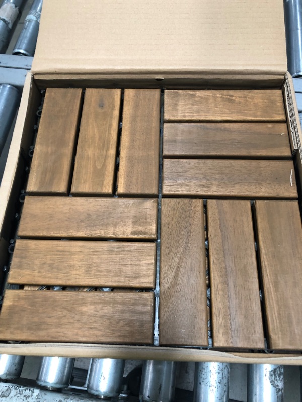 Photo 3 of Acacia Wood Interlocking Deck Tiles for Outdoor/Indoor - 12"x12" Decorative All Weather Balcony Flooring - Snap & Click Together Patio Tiles - Portable Waterproof Dance Floor Covering, Outside Walkway 6 Slats Almond Brown 10