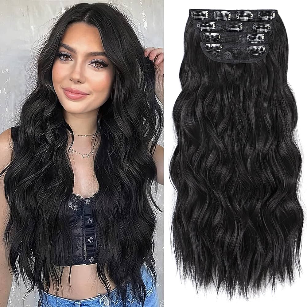 Photo 1 of ALXNAN Clip in Long Wavy Synthetic Hair Extension 20 Inch Black 4PCS Thick Hairpieces Fiber Double Weft Hair for Women
