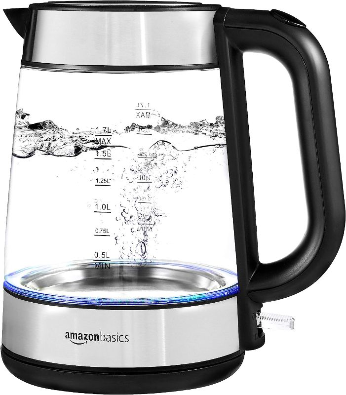 Photo 1 of Amazon Basics Electric Glass and Steel Hot Tea Water Kettle, 1.7-Liter, Black and Sliver
