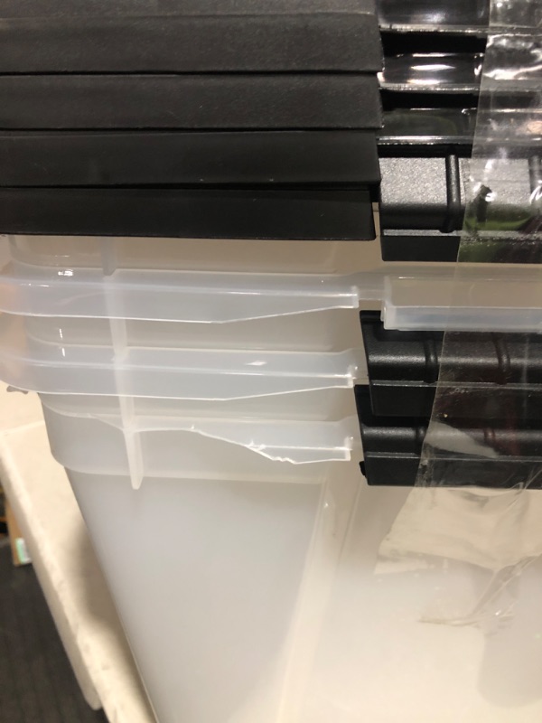 Photo 4 of **minor damage to all lids and bins**functionable** 
IRIS USA 4 Pack 32qt Clear View Plastic Storage Bin with Lid and Secure Latching Buckles, Clear&Black
