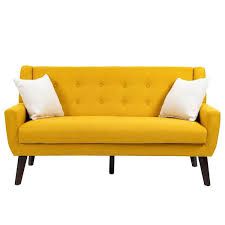 Photo 1 of 63 in.W Modern Straight Arm Linen Fabric Yellow Upholstered Button Loveseat Sofa With Two Pillows
