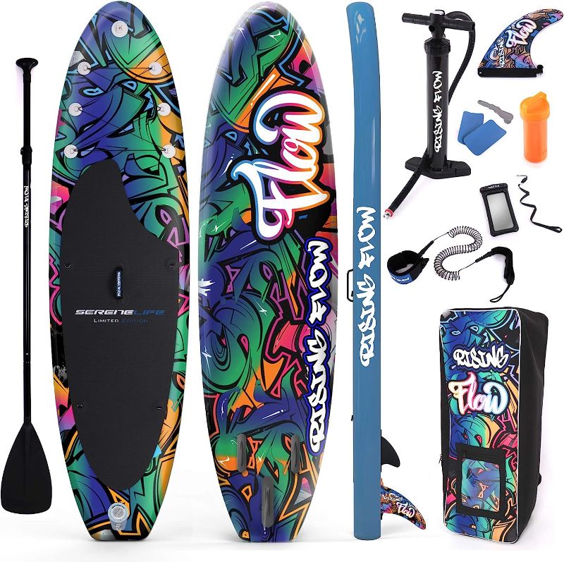 Photo 1 of **SEE NOTES**
SereneLife Inflatable Stand Up Paddle Board-10Ft. Graffiti Standup SUP Paddle Board w/Oar, Air Pump, Ankle Leash, Paddleboard Repair Kit, Waterproof Mobile Phone Case, Storage/Carry Bag SLSUPB636.5
