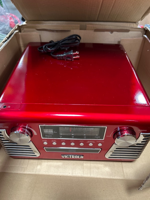 Photo 2 of Victrola 50's Retro Bluetooth Record Player & Multimedia Center with Built-in Speakers - 3-Speed Turntable, CD Player, AM/FM Radio | Vinyl to MP3 Recording | Wireless Music Streaming | Red Red Record Player