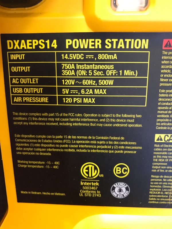 Photo 5 of DEWALT DXAEPS14 1600 Peak Battery Amp 12V Automotive Jump Starter/Power Station with 500 Watt AC Power Inverter, 120 PSI Digital Compressor, and USB Power , Yellow