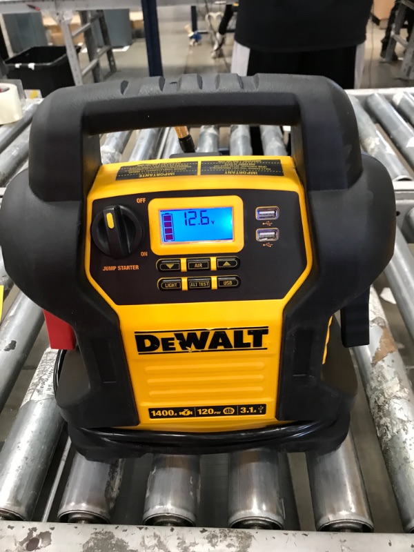 Photo 2 of DEWALT DXAEJ14 Digital Portable Power Station Jump Starter: 1400 Peak/700 Instant Amps, 120 PSI Digital Air Compressor, 3.1A USB Ports, Battery Clamps , Yellow