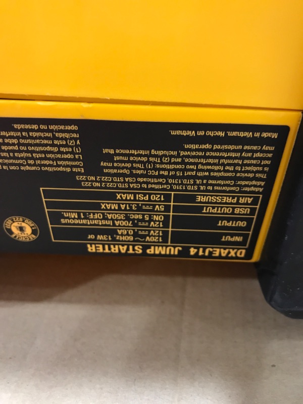 Photo 3 of DEWALT DXAEJ14 Digital Portable Power Station Jump Starter: 1400 Peak/700 Instant Amps, 120 PSI Digital Air Compressor, 3.1A USB Ports, Battery Clamps , Yellow