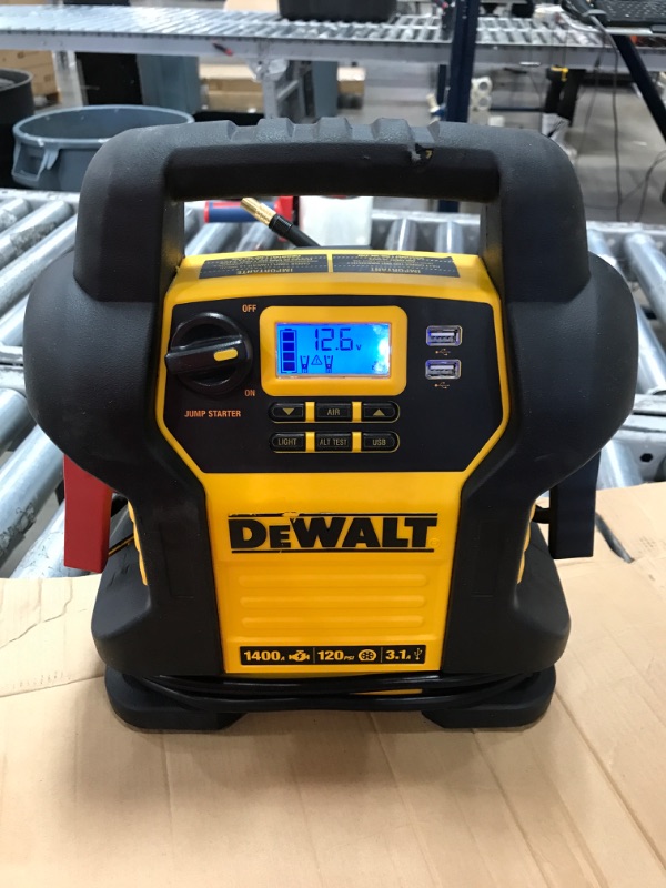 Photo 2 of DEWALT DXAEJ14 Digital Portable Power Station Jump Starter: 1400 Peak/700 Instant Amps, 120 PSI Digital Air Compressor, 3.1A USB Ports, Battery Clamps , Yellow