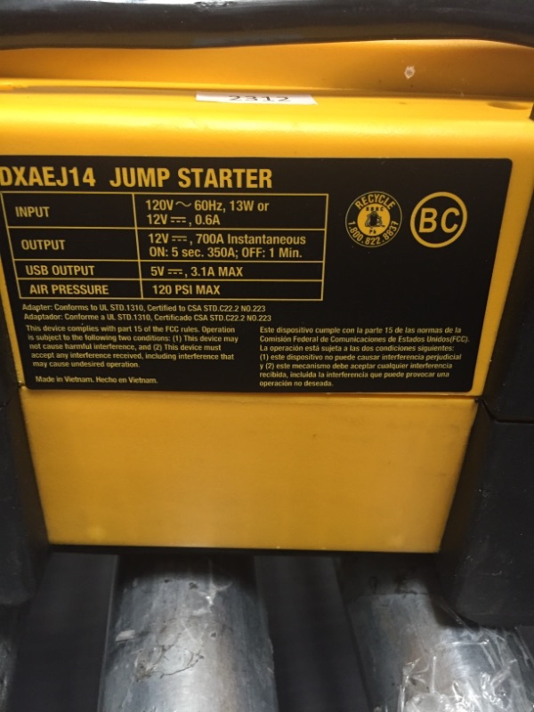 Photo 4 of DEWALT DXAEJ14 Digital Portable Power Station Jump Starter: 1400 Peak/700 Instant Amps, 120 PSI Digital Air Compressor, 3.1A USB Ports, Battery Clamps , Yellow