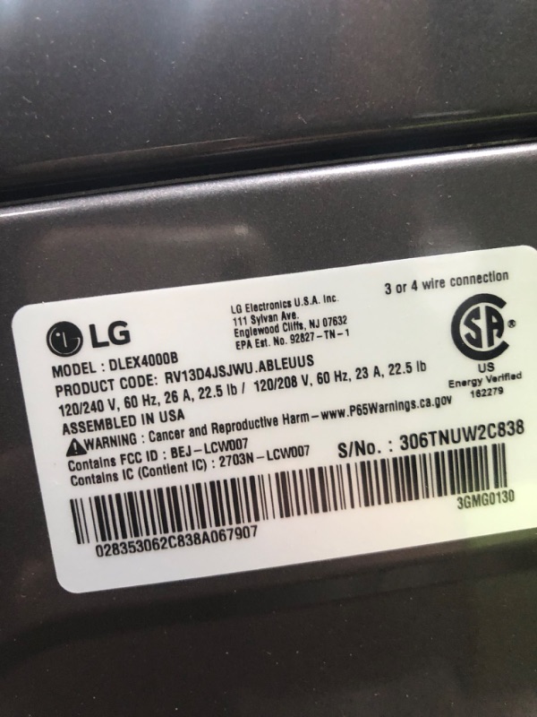 Photo 7 of *READ NOTES* LG DLEX4000B 7.4 Cu. Ft. Ultra Large Capacity Smart wi-fi Enabled Front Load Electric Dryer with TurboSteam&#0153