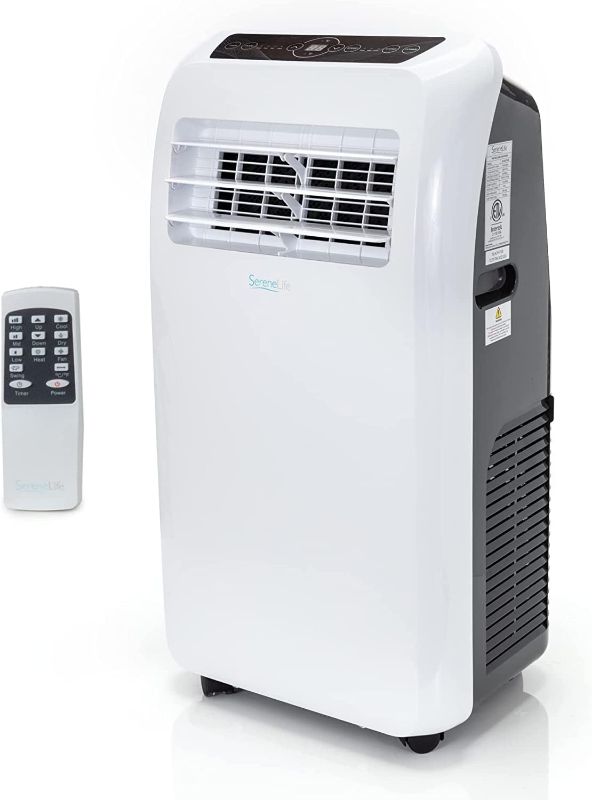 Photo 1 of SereneLife SLACHT108 SLPAC 3-in-1 Portable Air Conditioner with Built-in Dehumidifier Function,Fan Mode, Remote Control, Complete Window Mount Exhaust Kit, 10,000 BTU + HEAT, White
