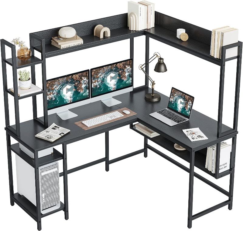 Photo 1 of CubiCubi L-Shaped Desk with Hutch, 60" Corner Computer Desk, Large Home Office Desk with Bookshelf and Storage Shelves, Space-Saving, Rustic Brown
