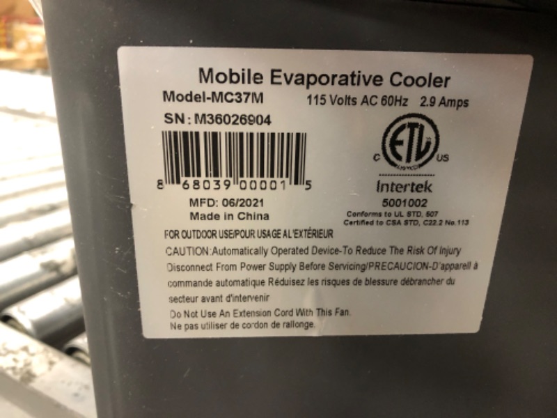 Photo 4 of ***TESTED/ POWERS ON**Hessaire MC37M Portable Evaporative Cooling Fan, Indoor/Outdoor High Temp Low Humidity Environments, 3100 CFM, 950 sq. ft., 3-Speed Fan, 59 dB, Gray 3,100 CFM