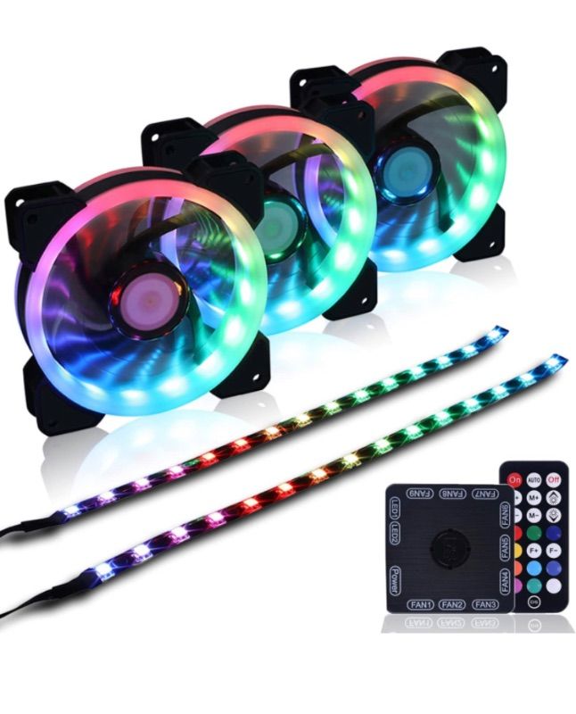 Photo 1 of DS 120MM WIRE RAINBOW RGB CASE FANS WITH CONTROLLER FOR PC CASES, COMPUTER CASE ATX FULL TOWER, MIDDLE TOWER (LED FANS 3PACK KIT, 2PACK LED STRIP, 4TH GEN HUB BOX, A SERIES)
