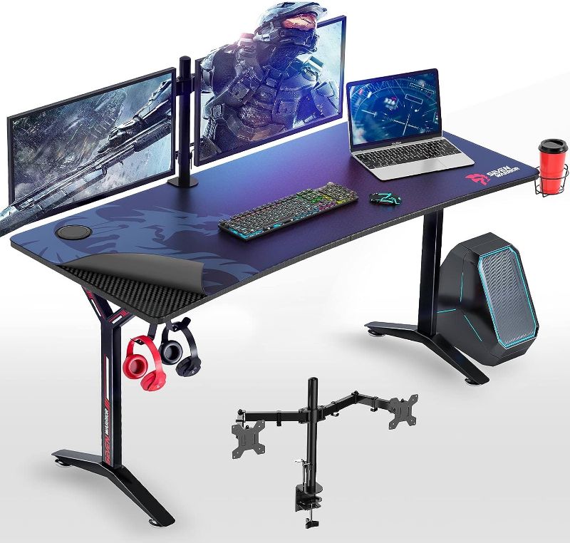 Photo 1 of SEVEN WARRIOR Gaming Desk 60INCH with Dual Monitor Mount, Carbon Fiber Surface Gamer Desk with Full Desk Mouse Pad, Ergonomic Y Shaped Gamer Table with Outlet Organizer, Gaming Rack
