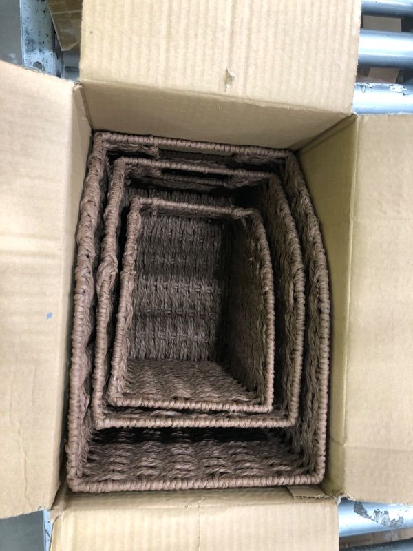 Photo 1 of (GRAY)Vagusicc Wicker Storage Basket, Set of 3 Woven Paper Rope Small Storage Baskets for Shelves with Handles, Shelf Baskets Organizer Small Wicker Baskets for Pantry Office Kitchen Basket, 