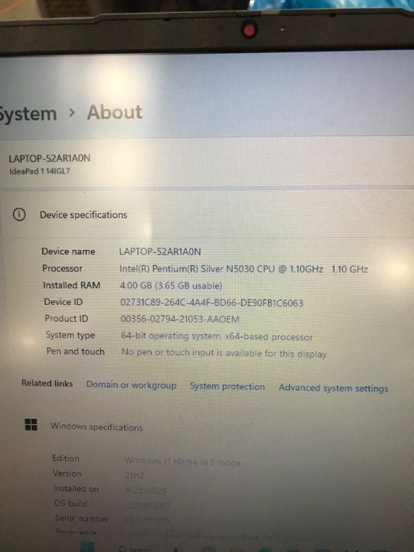 Photo 6 of UNABLE TO RESET BECAUSE LOW POWER 
Lenovo Ideapad 1i, 14.0" Laptop, Intel Pentium N5030, 4GB RAM, 128GB eMMC Storage, Cloud Grey, Windows 11 in S Mode, 82V6001DUS