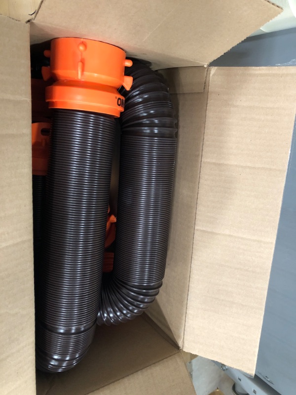 Photo 2 of Camco 20' (39742) RhinoFLEX 20-Foot RV Sewer Hose Kit, Swivel Transparent Elbow with 4-in-1 Dump Station Fitting-Storage Caps Included , Black , Brown 20ft Sewer Hose Kit Frustration-Free Packaging