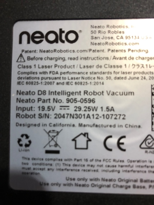 Photo 5 of ***NONFUNCTIONAL - DOES NOT TURN ON - FOR PARTS ONLY***
Neato D8 Intelligent Robot Vacuum Cleaner–LaserSmart Nav, Smart Mapping, No-Go Zones, WiFi Connected